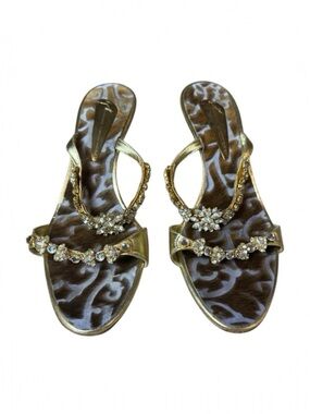 Giuseppe Zanotti Vintage Gold Crystal Jeweled Kitten Heel Sandals Size 37.5